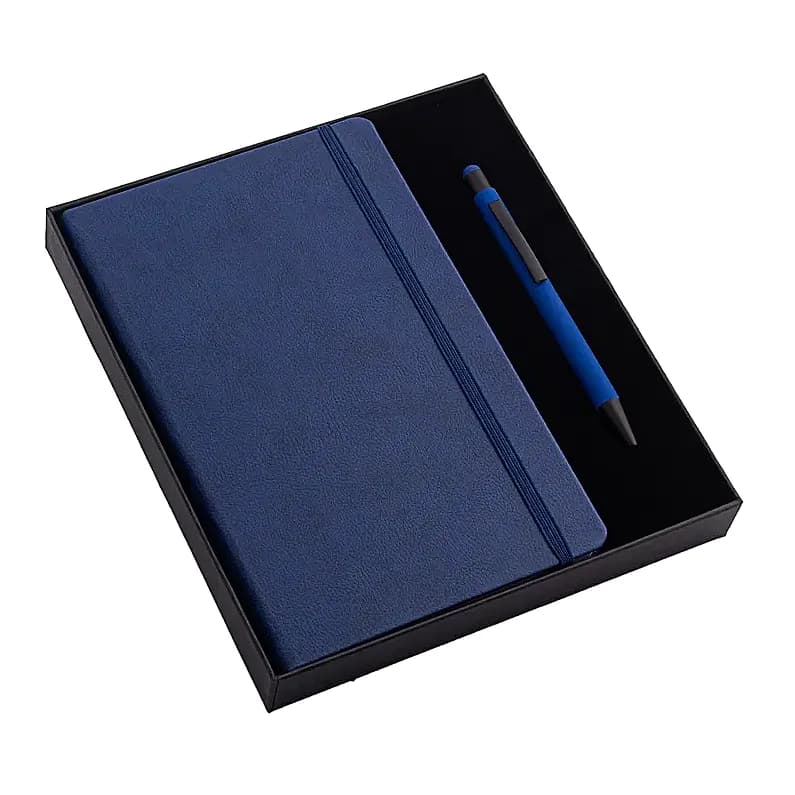 Lacivert promosyon defter kalem seti, lastik bant ve kalem tutucu, siyah kutuda