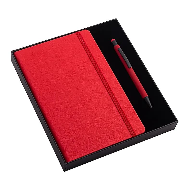 Kırmızı dokulu promosyon defter ve kalem seti, lastik bantlı, siyah kutuda