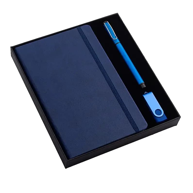 Lacivert suni deri promosyon defter, kalem ve taşınabilir bellek seti, siyah kutuda