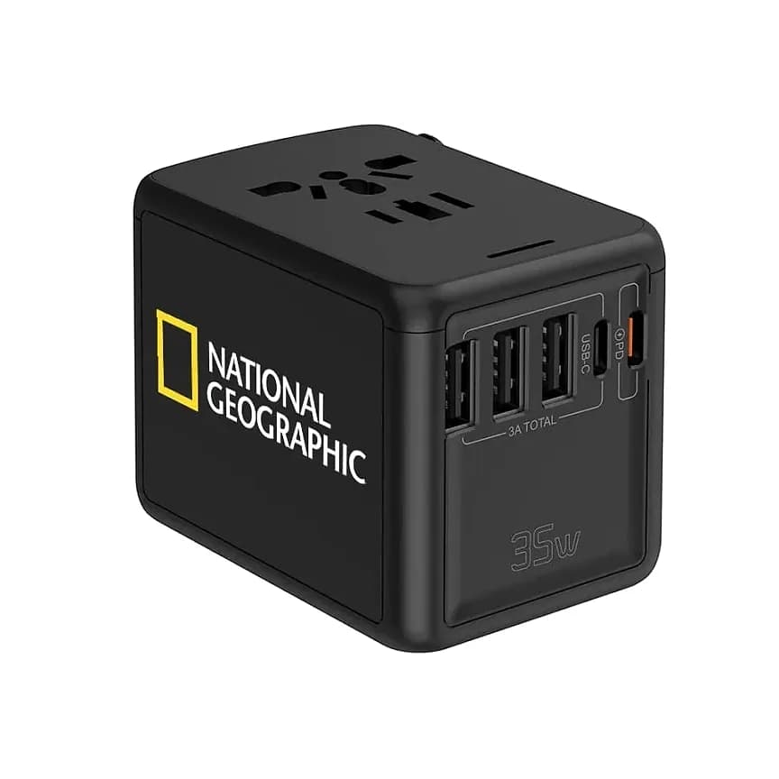 Promosyon siyah küp seyahat adaptörü, açılır fiş uçları ve USB portları