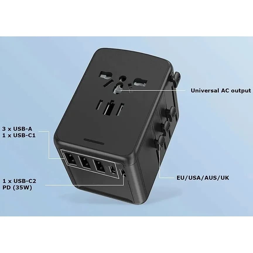Siyah gövdeli seyahat adaptörü; evrensel AC priz yuvası, üç USB-A ve iki USB-C girişi.