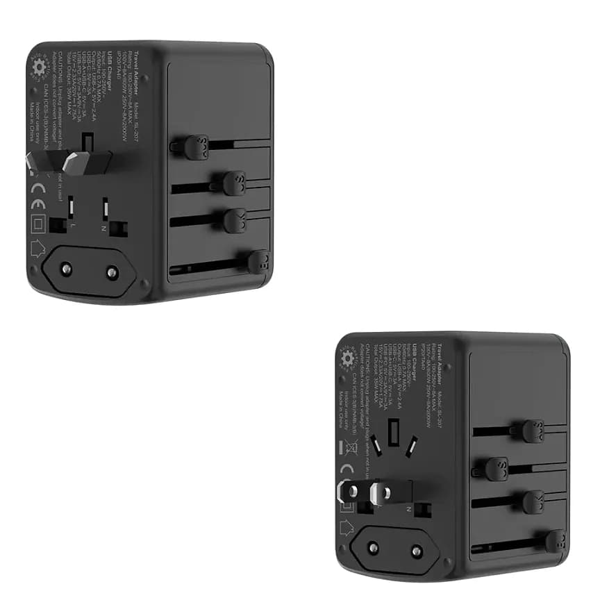 Promosyon siyah küp seyahat adaptörü, üniversal priz yuvası ve USB portları
