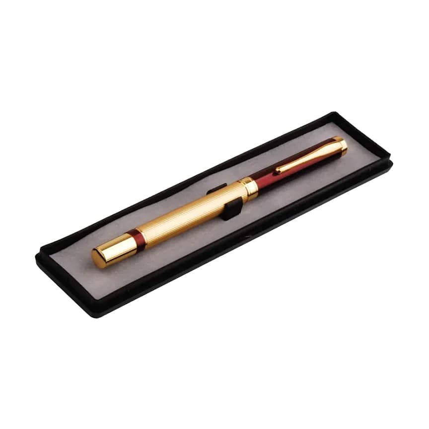 Promosyon altın renkli metal tükenmez kalem, siyah kutu ve kırmızı detay