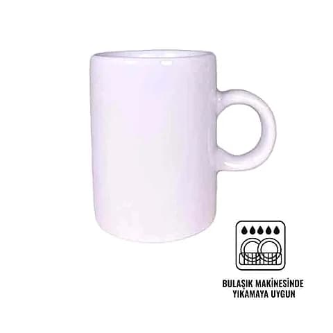 Beyaz promosyon porselen espresso kupası yan görünüm, bulaşık makinesi simgesi