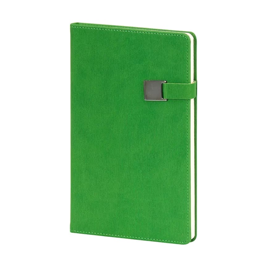 Yeşil kapaklı defter; mat ince dokulu kapak, sağda yatay yeşil bant üzerinde gümüş dikdörtgen toka.