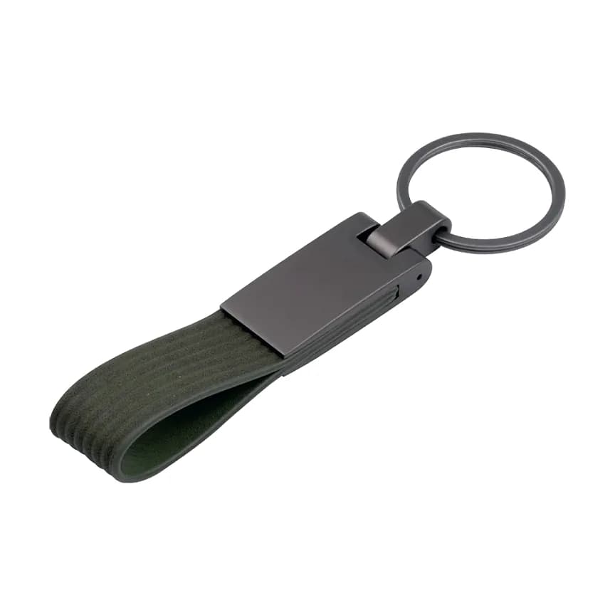 Haki dokuma kumaş askısı, gunmetal dikdörtgen plakası ve döner bağlantılı anahtarlık.