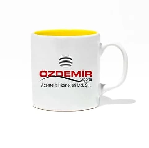 İçi Sarı Porselen Kupa, Beyaz Kulplu, promosyon kataloğunda logolu model