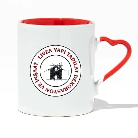 İçi ve kalp kulpu kırmızı promosyon porselen kupa; firma logo baskısı örneği