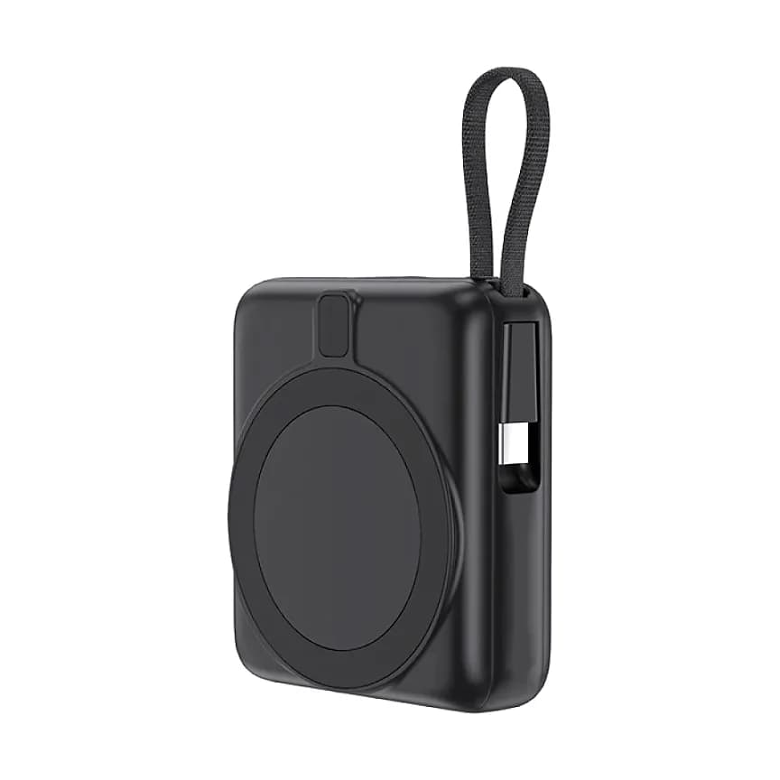 Promosyon mat siyah MagSafe powerbank eğik açı, yuvarlak ped ve yan detay
