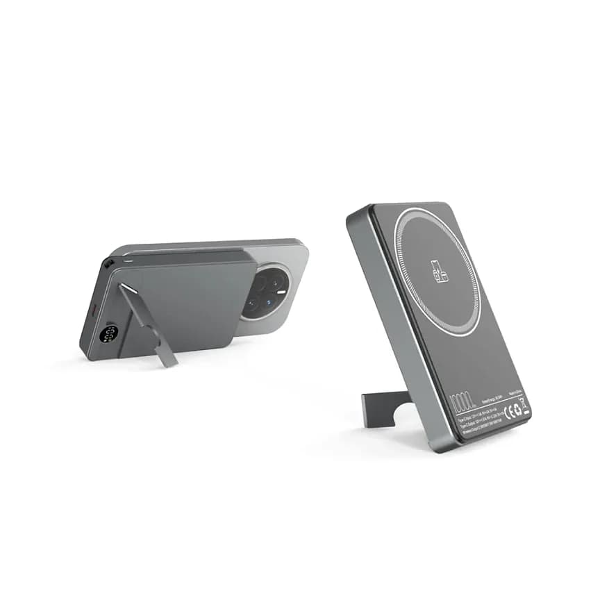 Promosyon koyu gri metal powerbank iki duruşta katlanır ayak mekanizması