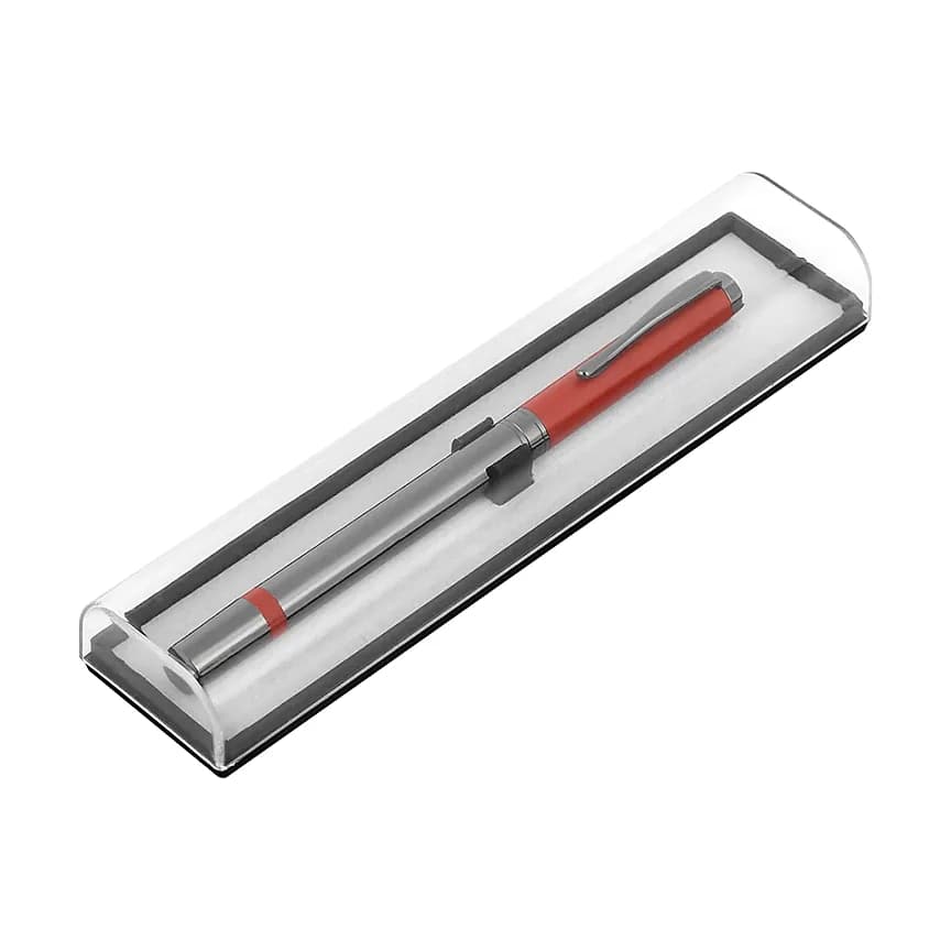 Promosyon gri metal roller kalem, şeffaf sert kılıf ve kırmızı detay