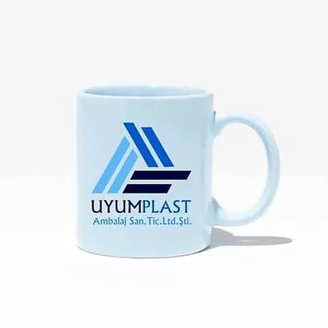 Pastel mavi promosyon porselen kupa, üzerinde firma logosu baskı örneği