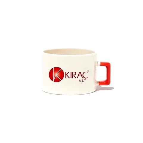 Kırmızı kulplu beyaz promosyon Nescafe fincanı; kırmızı firma logosu baskılı