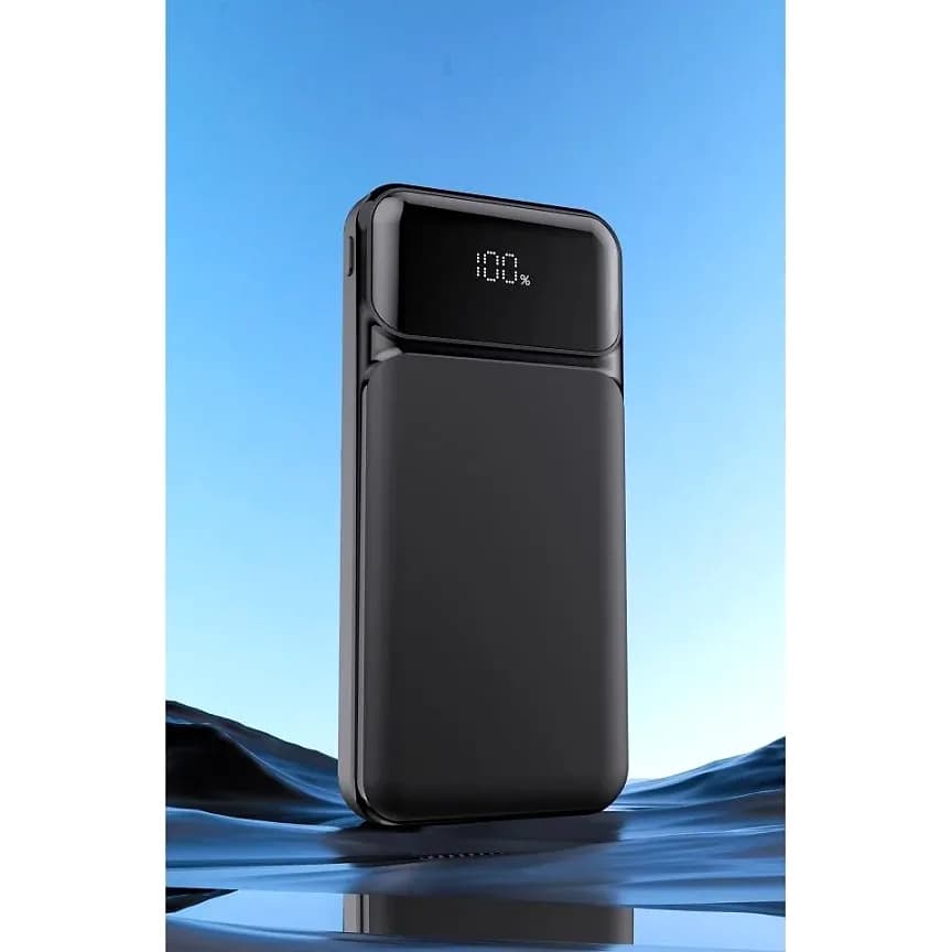 Promosyon powerbank 10000 mAh, kauçuk gövdeli, dijital göstergeli, dahili kablolu model