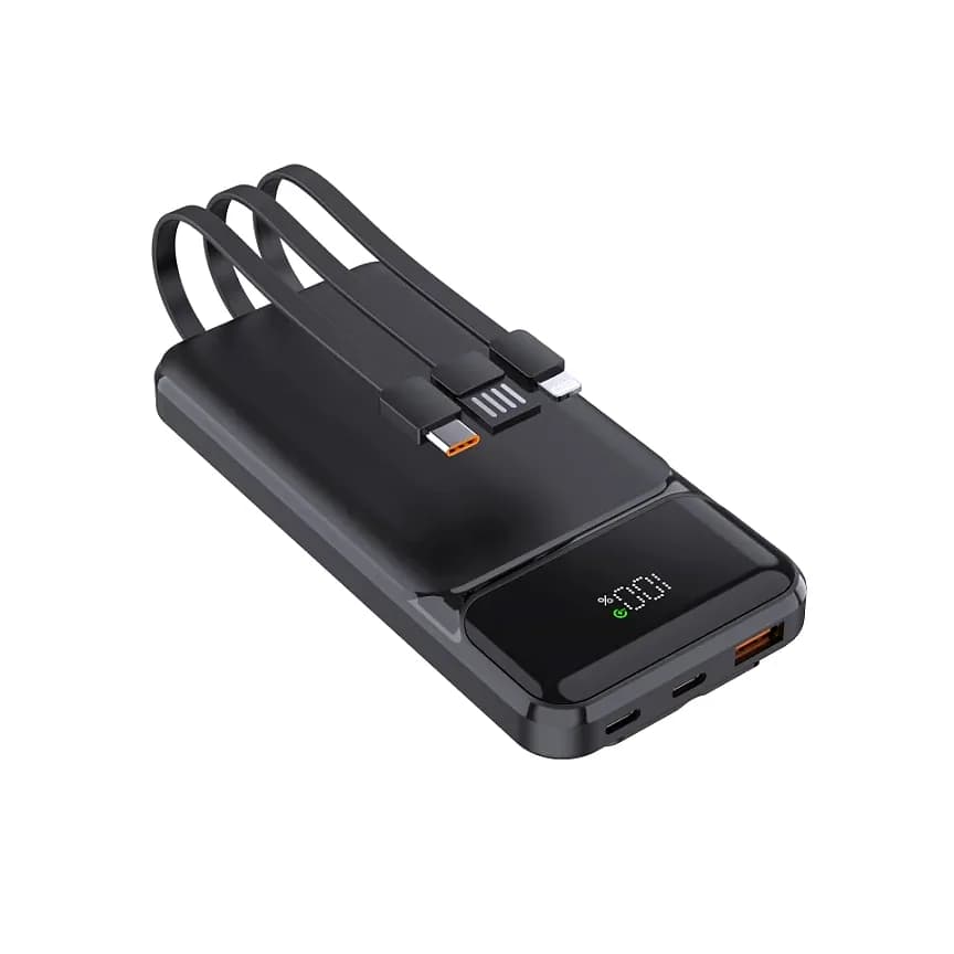 Promosyon powerbank 10000 mAh, kauçuk gövdeli, dijital göstergeli, dahili kablolu model