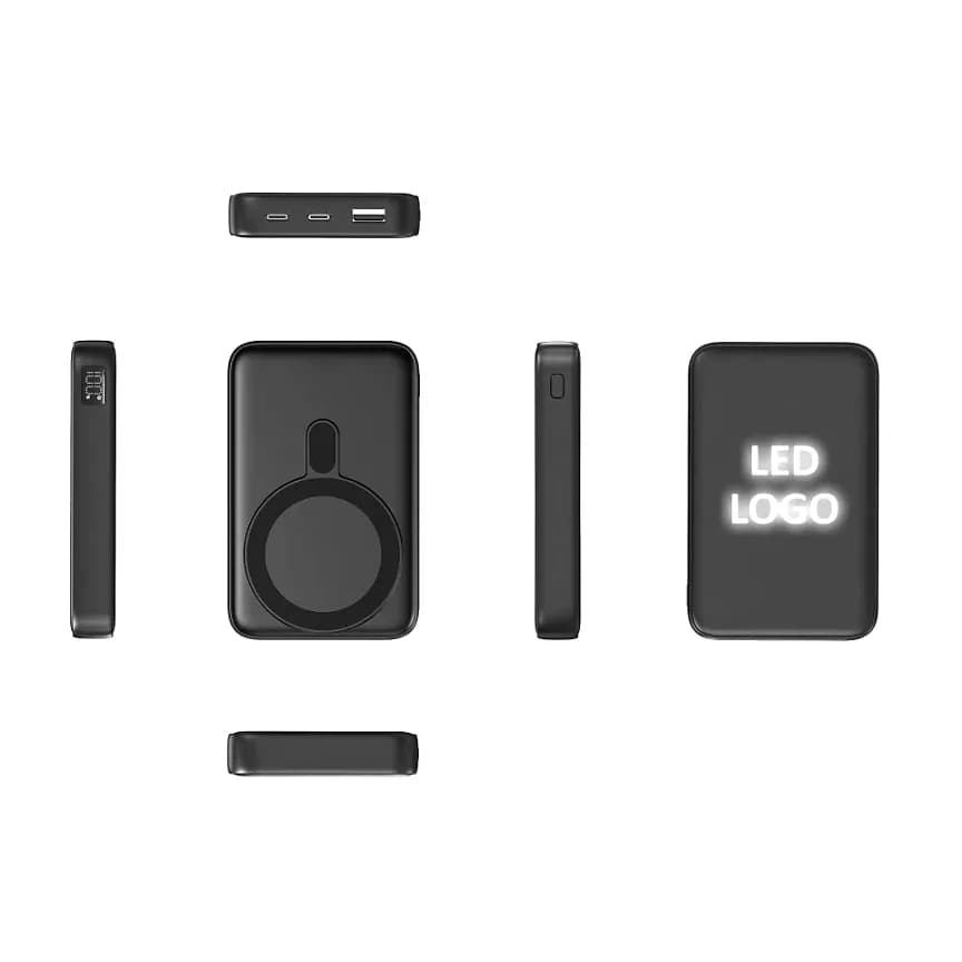 Promosyon powerbank 10000 mAh, ışıklı logo alanı ve arkada manyetik şarj halkası