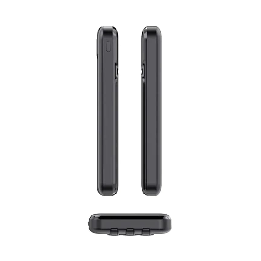 Promosyon siyah powerbank ince yan profil, portlar ve gövde kalınlığı