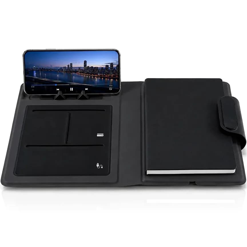 Promosyon powerbank organizer, suni deri kapak ve A5 not defteri, kapalı kutu
