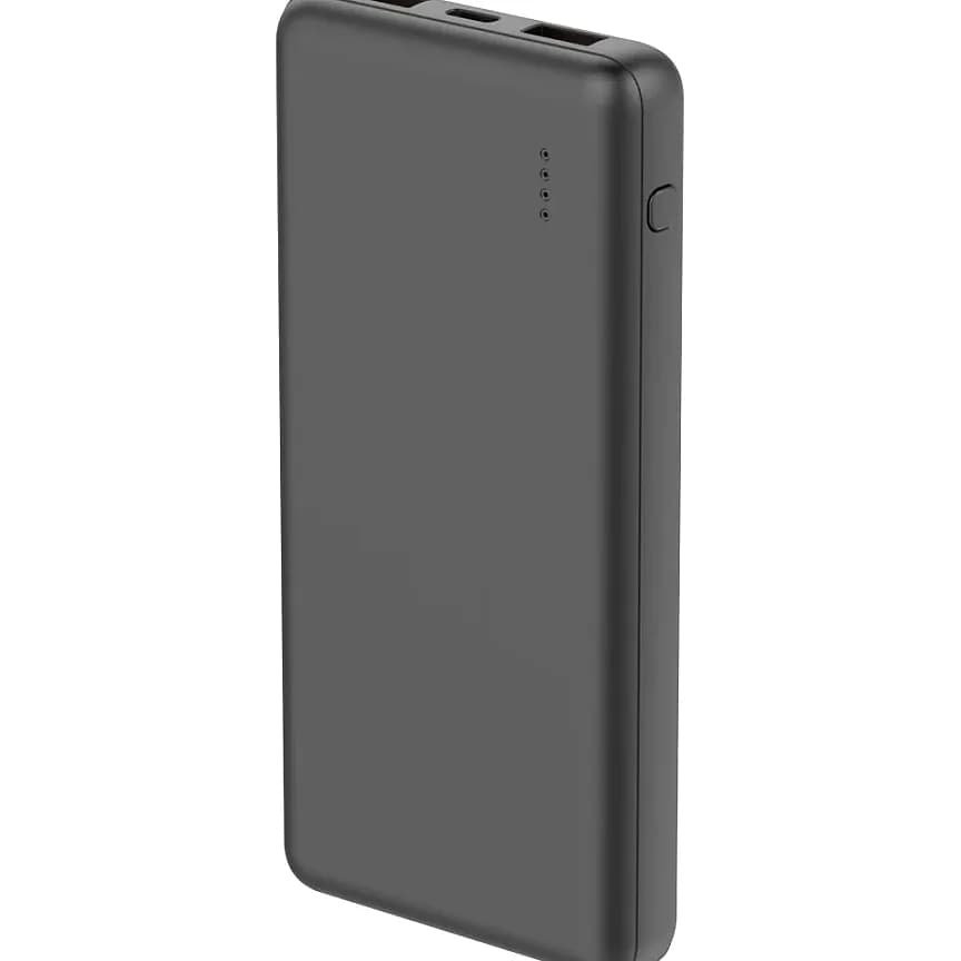 Koyu gri ince powerbank; üstte iki çıkış ve dört kademeli LED göstergesi.