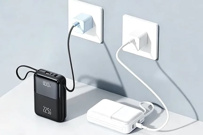 Duvardaki prize kabloyla bağlı siyah ve beyaz powerbank, masada duruyor.