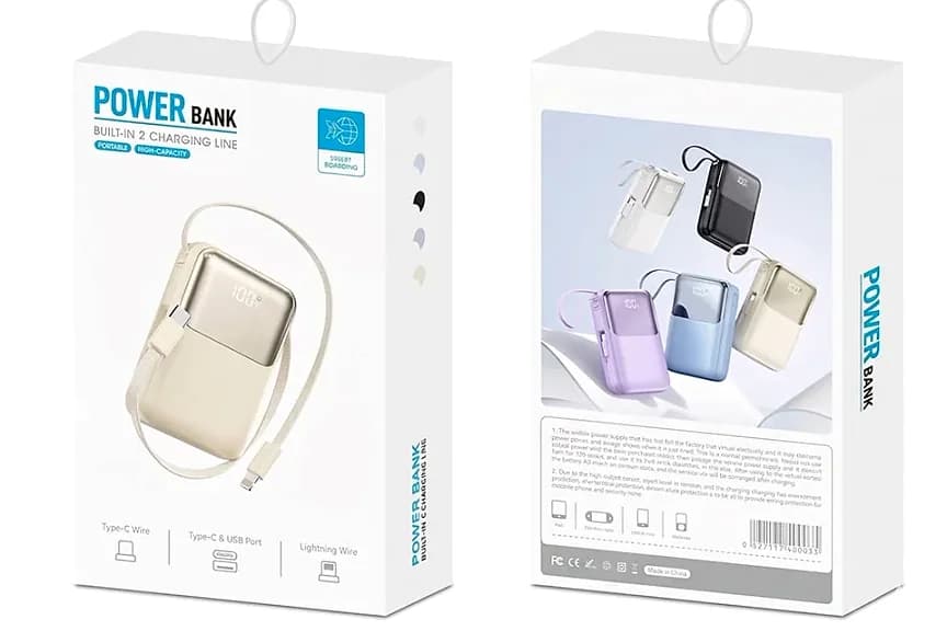 Ambalaj; ön ve arka kutu, kablolu powerbank görseli ve teknik metinler.