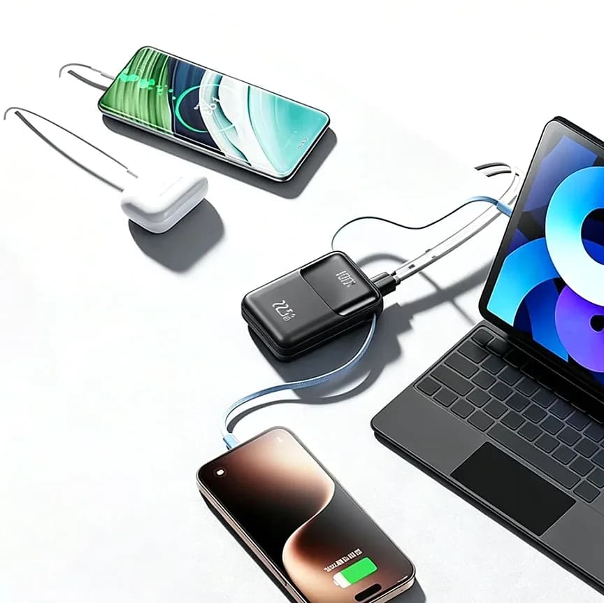 Dizüstü ve iki telefon şarjda; siyah powerbank kablolarla bağlı.