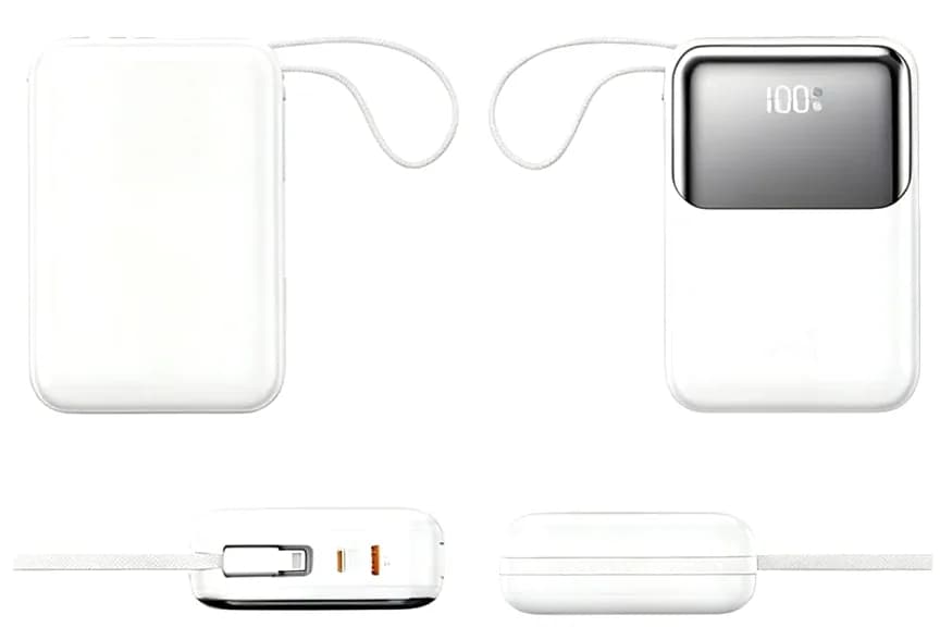 İki beyaz powerbank; biri arka yüz, diğeri ekranlı, altta kablo uçları.