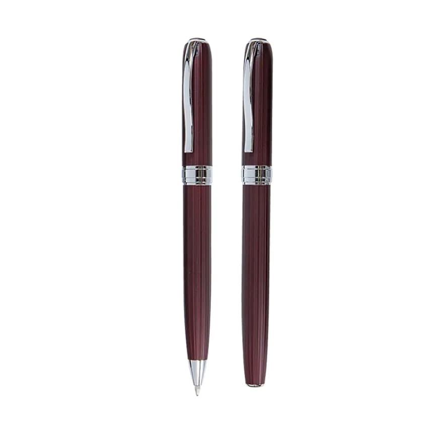 Promosyon i̇ki bordo metal roller ve tükenmez kalem, gümüş uç ve halka detaylı, dikey