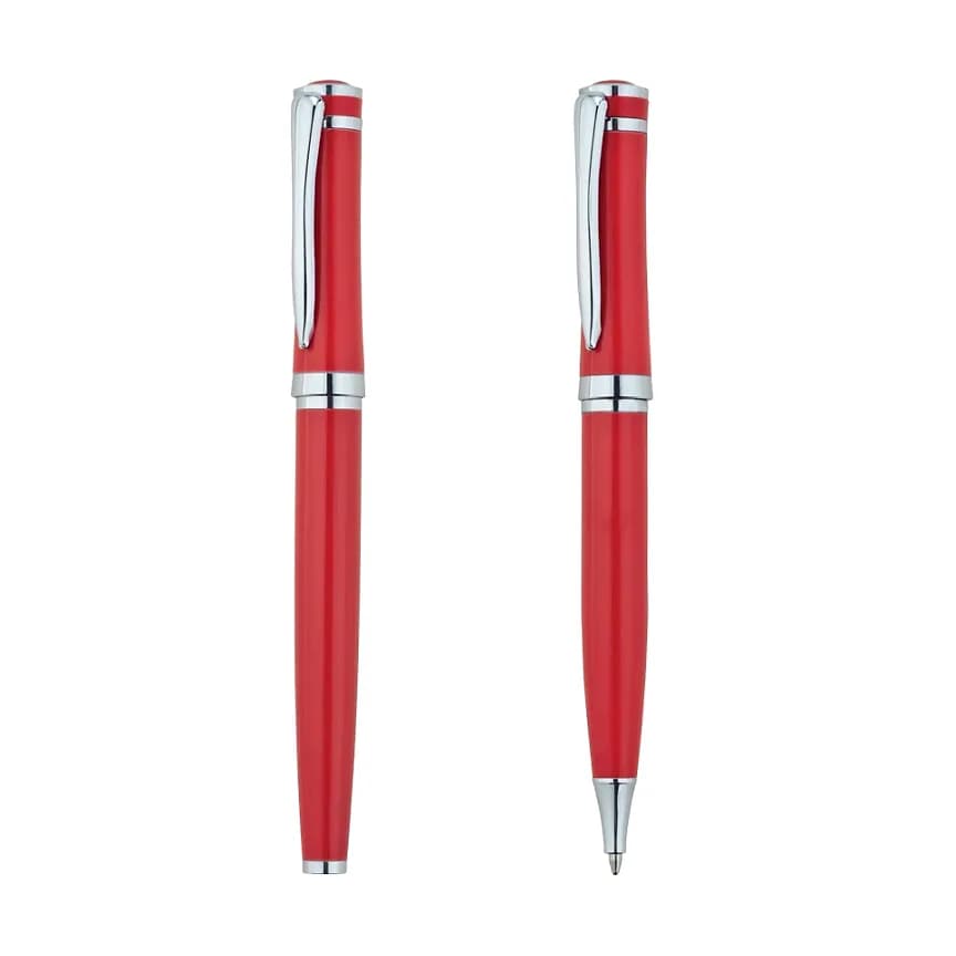 Promosyon kırmızı metal roller ve tükenmez kalem seti, gümüş detaylı