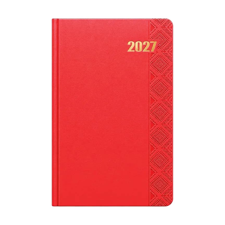 Promosyon kırmızı termo deri ajanda, altın 2027 yazısı, mat pürüzsüz kapak