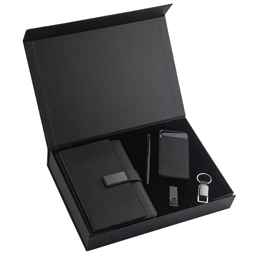 Beş Parçalı Hediye Seti — Defter, Kalem ve USB; promosyon siparişlerinde kurumsal baskı için hazır