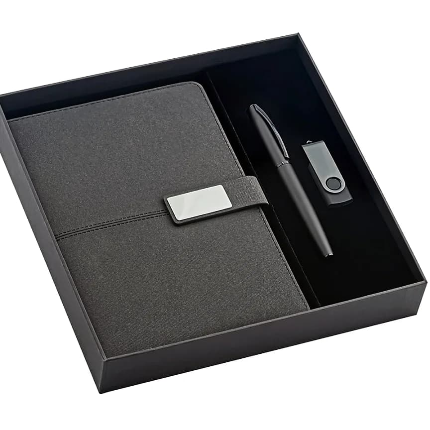 USB'li Defter Kalem Seti, Antrasit — toptan promosyon siparişlerine uygun