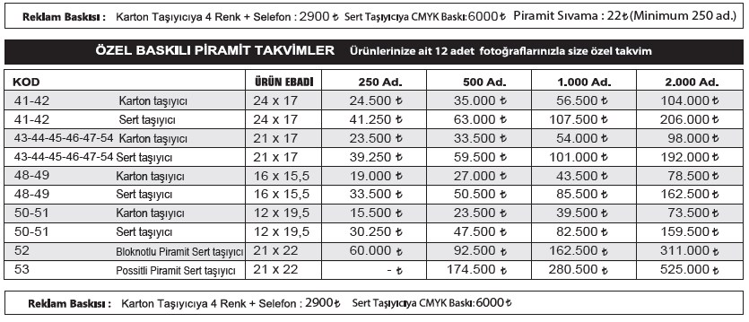 piramit takvim baskı bedeli