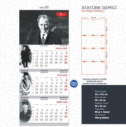 Promosyon Gemici Takvimi Atatürk Gemici Takvimi   Kod:30 Kod:30 incele