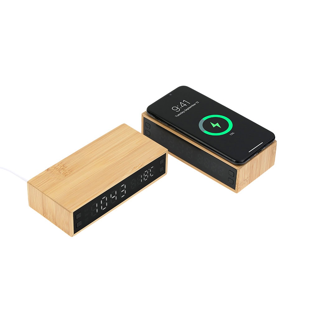 Wireless Mobil Şarj Cihazı Ve Bambu Dijital Masa Saati – p7320